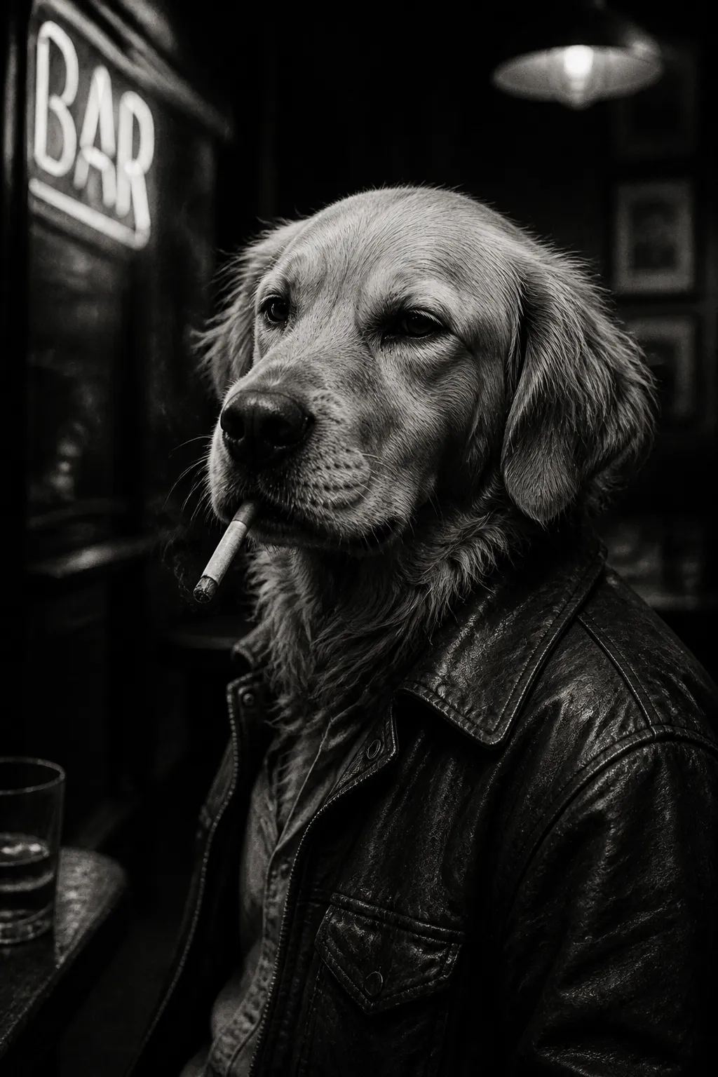 A scruffy golden retriever in a worn leather jacket leaning against a graffiti brick wall, a cigarette dangling from its mouth, cool nonchalant stare, film-noir lighting, dramatic shadows, shot on 35mm, cinematic, hyperrealistic.