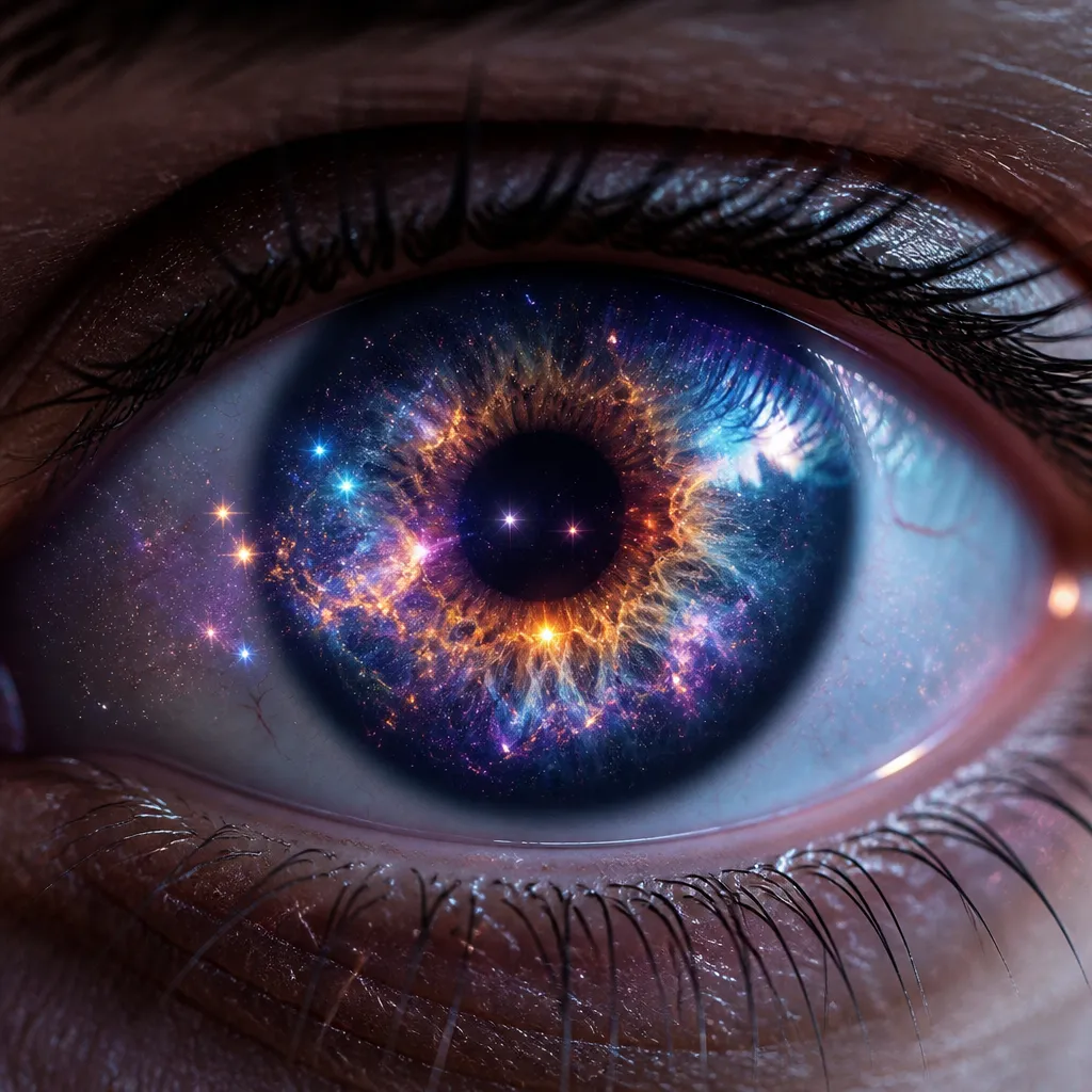 An extreme macro close-up of a human eye with a swirling galaxy and colorful nebula reflected in the iris, intricate detail, vivid cosmic colors, surreal, ultra-sharp.