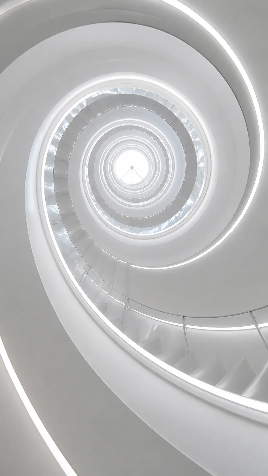 An abstract upward view of a futuristic white spiral staircase, parametric architecture, perfect symmetry, minimalist, dramatic light and shadow, dizzying vertigo perspective, ultra-detailed.