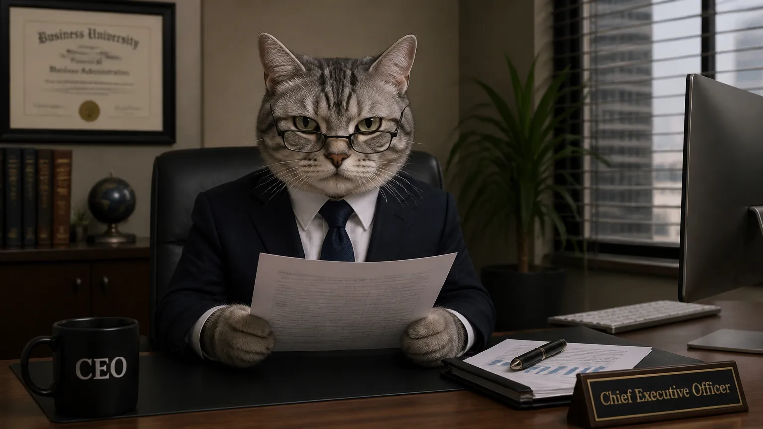A serious business cat in a tiny tailored suit sitting at an office desk reviewing documents through reading glasses, city-view window behind, deadpan expression, photorealistic, dry humor.
