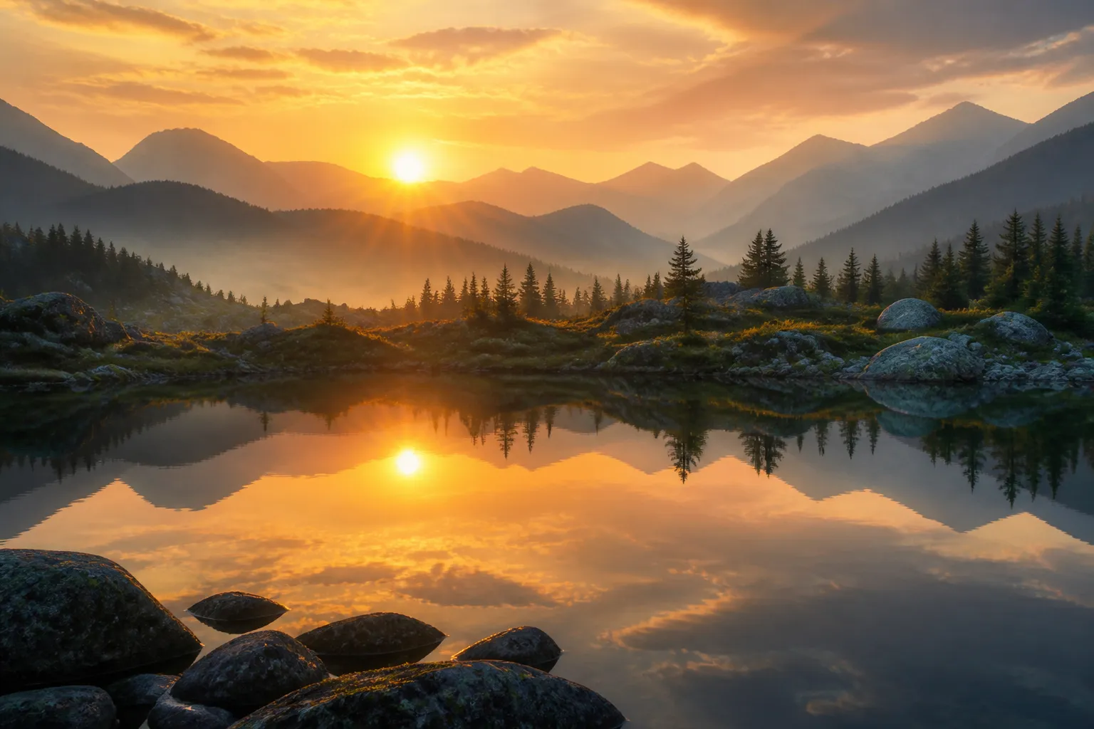 A breathtaking landscape of misty layered mountains at sunrise mirrored in a glassy alpine lake, warm golden light piercing the fog, pristine nature photography, serene, ultra-detailed.