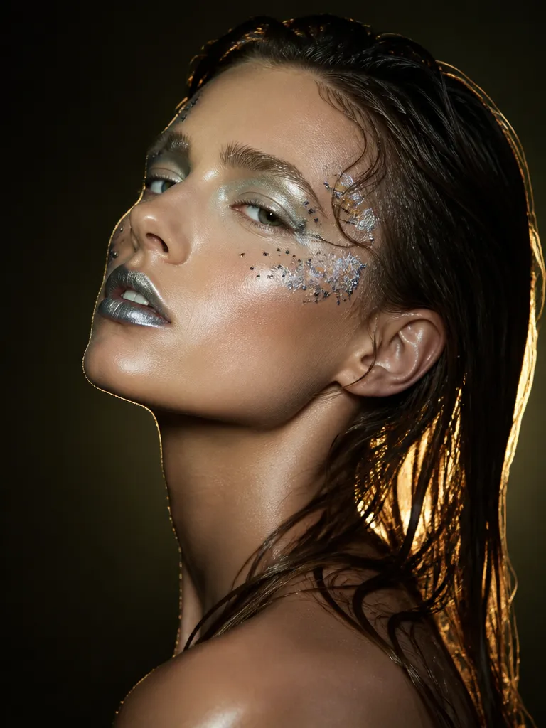 A high-fashion beauty close-up of a model with bold avant-garde makeup and delicate metallic accents on the skin, dramatic studio rim lighting, Vogue editorial style, medium-format clarity.