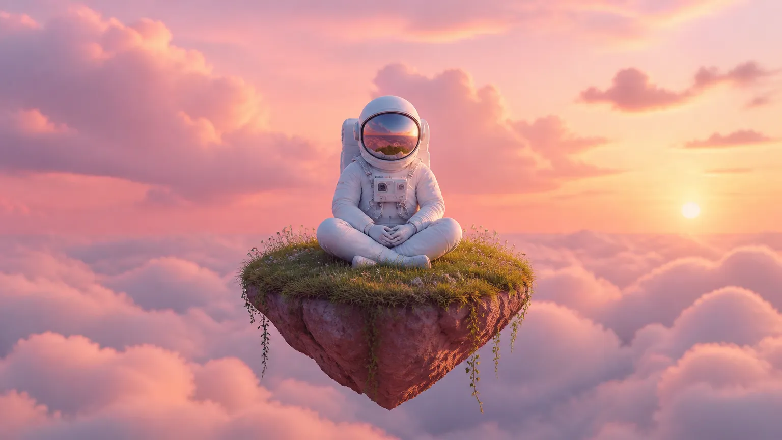 A whimsical surreal scene of an astronaut sitting cross-legged on a tiny floating grassy island with a single tree, drifting above soft pastel sunset clouds, storybook atmosphere, volumetric light, ultra-detailed.