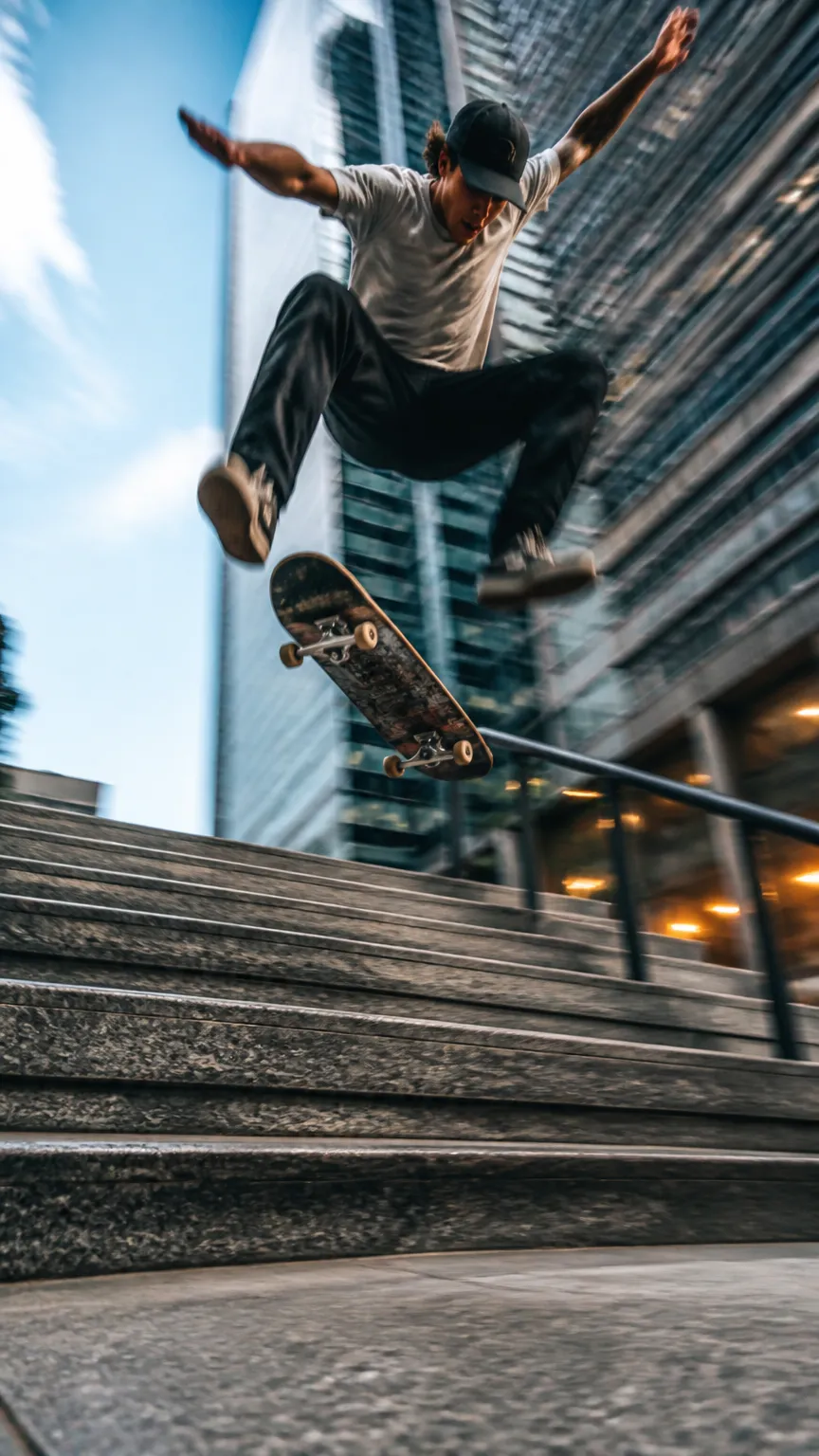 A dynamic motion-blur action shot of a skateboarder mid-kickflip leaping over a city stair set, low dramatic angle, moody sky, frozen energy, gritty urban, high detail.