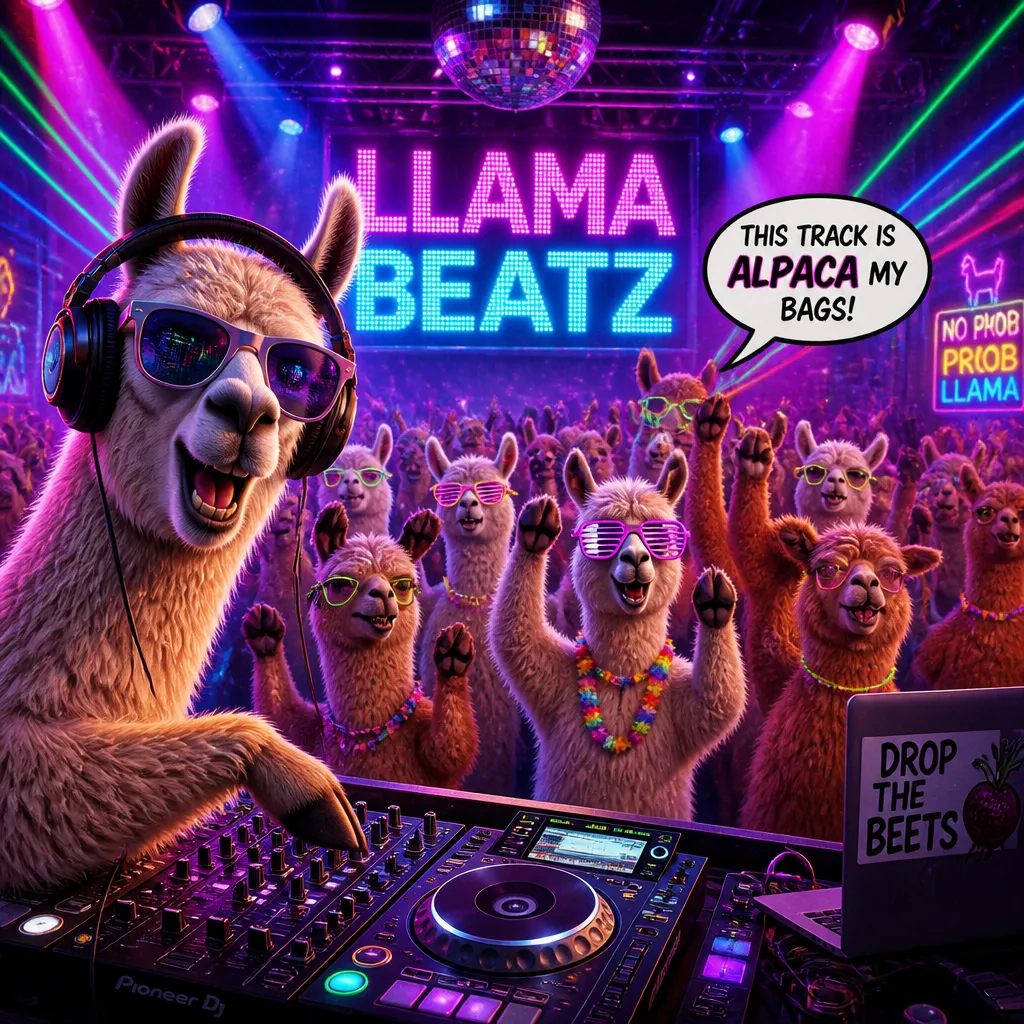 A llama wearing oversized DJ headphones spinning at a neon nightclub with a crowd of dancing alpacas, vibrant stage lights, smoke, photorealistic, hilarious.