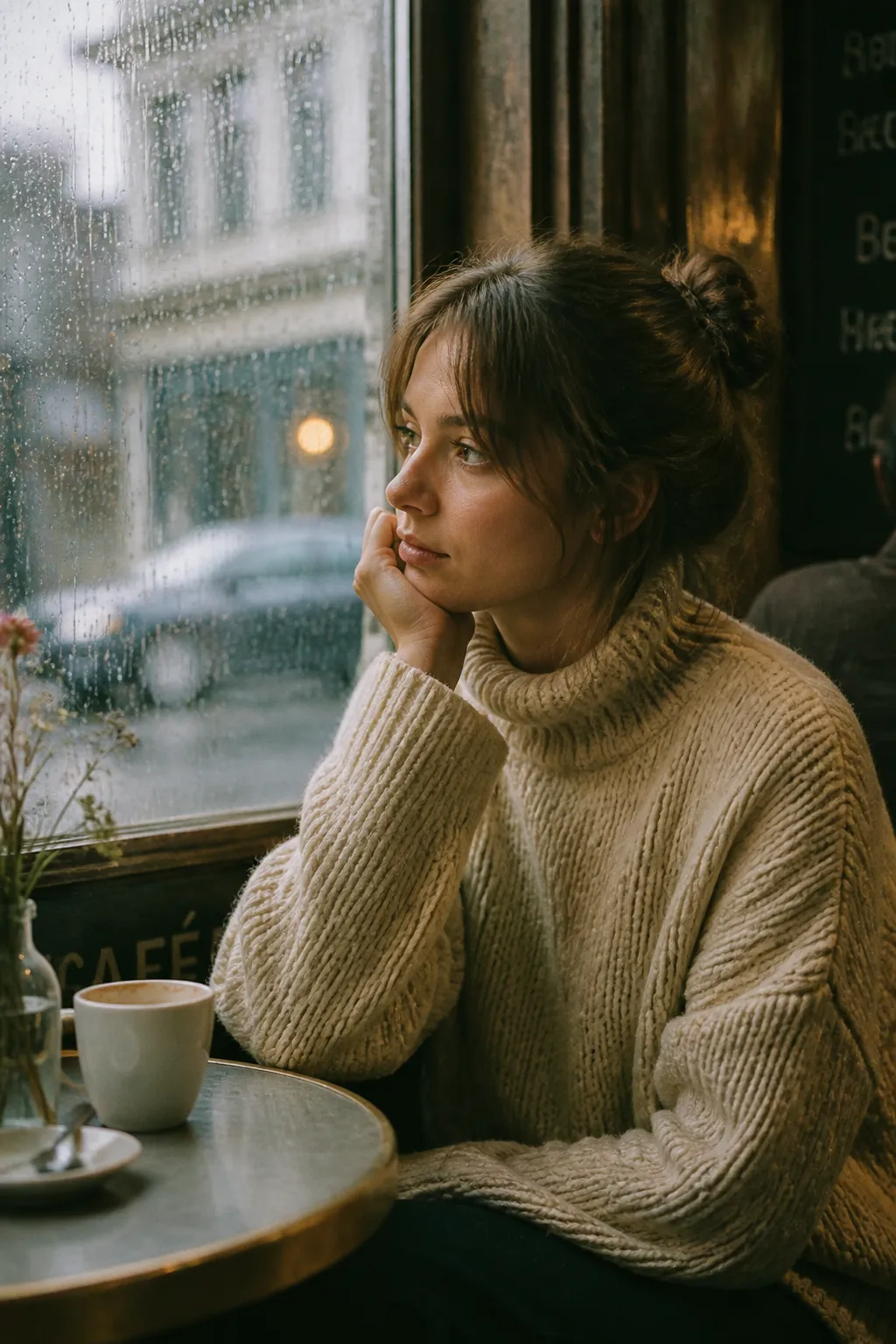 A cozy candid of a freckled woman in an oversized knit sweater curled up by a rain-streaked café window holding a steaming latte, soft natural light, Kodak Portra film tones, intimate 35mm.