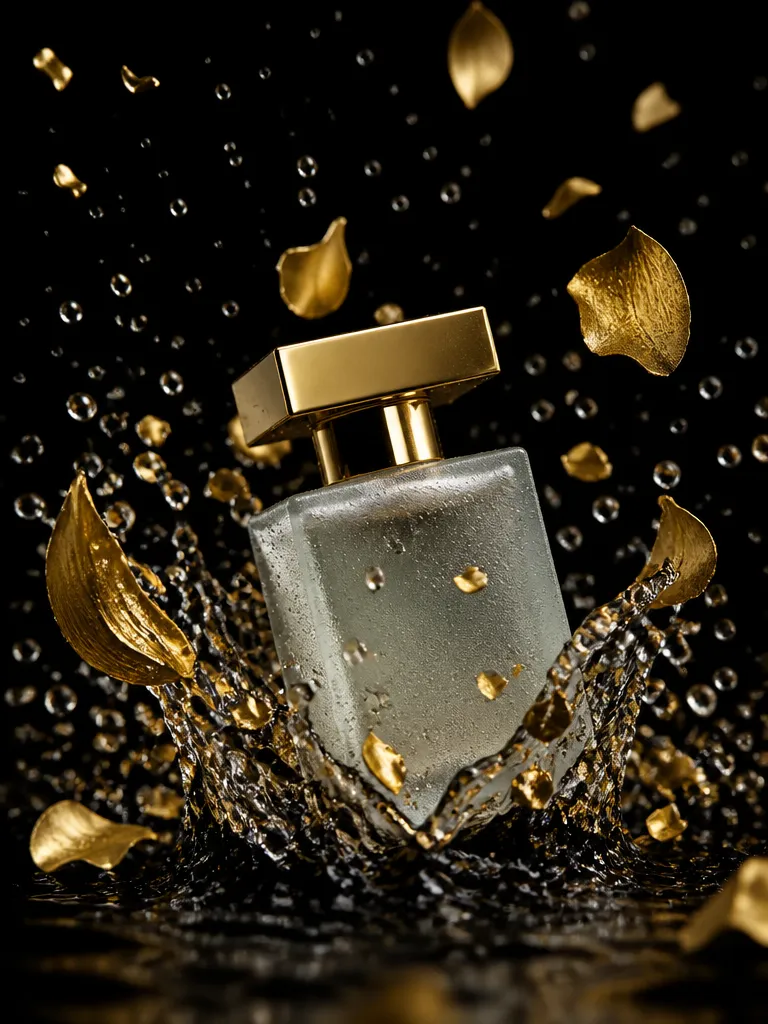 A luxury frosted-glass perfume bottle erupting from a swirl of clear water and golden petals, jet-black background, razor-sharp macro detail, dramatic studio highlights, high-end product photography.