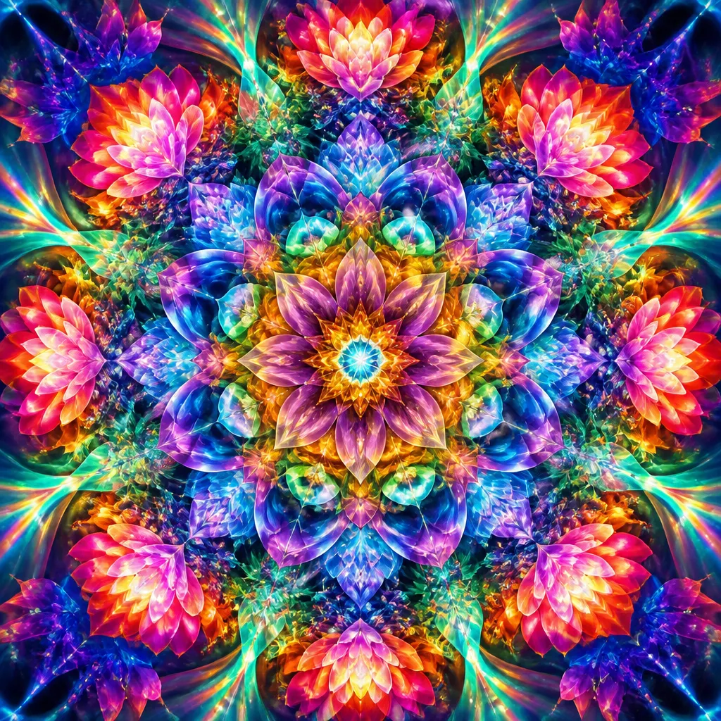A mesmerizing symmetrical kaleidoscope mandala of vibrant fractal flowers and prismatic light, hypnotic radial pattern, rich saturated colors, ultra-detailed digital art.
