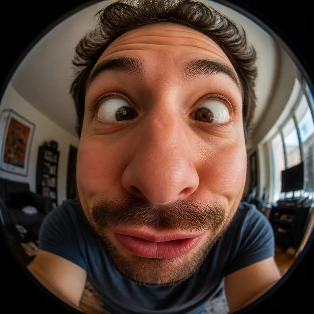 An extreme close-up fisheye selfie of a man pulling a goofy cross-eyed face with puffed cheeks, exaggerated wide-angle distortion, vivid colors, comedic energy, playful, high detail.