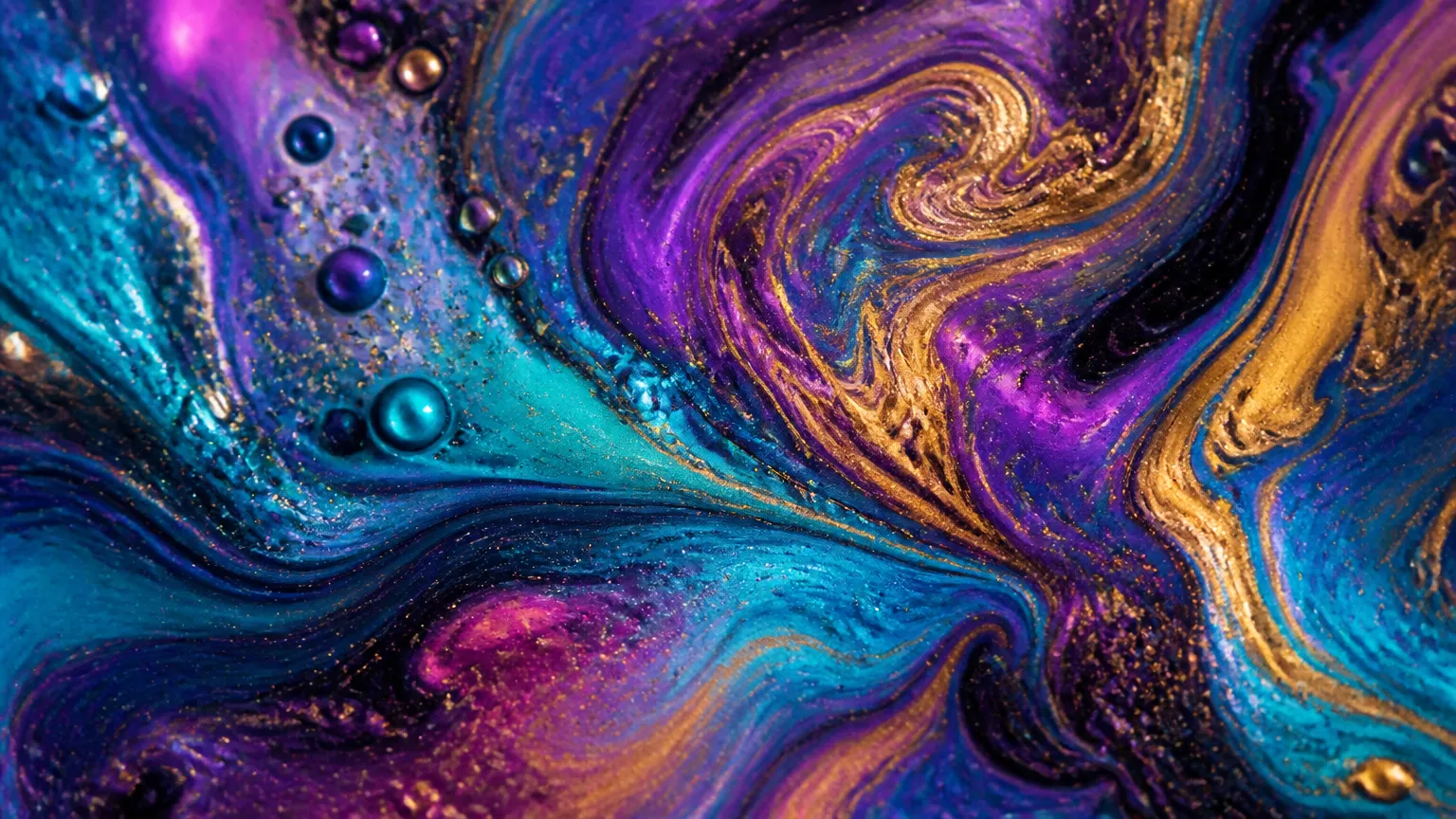 Abstract macro photography of swirling iridescent ink and oil droplets in water, marbled fluid patterns, rich jewel tones, mesmerizing fractal textures, glossy, ultra-detailed.