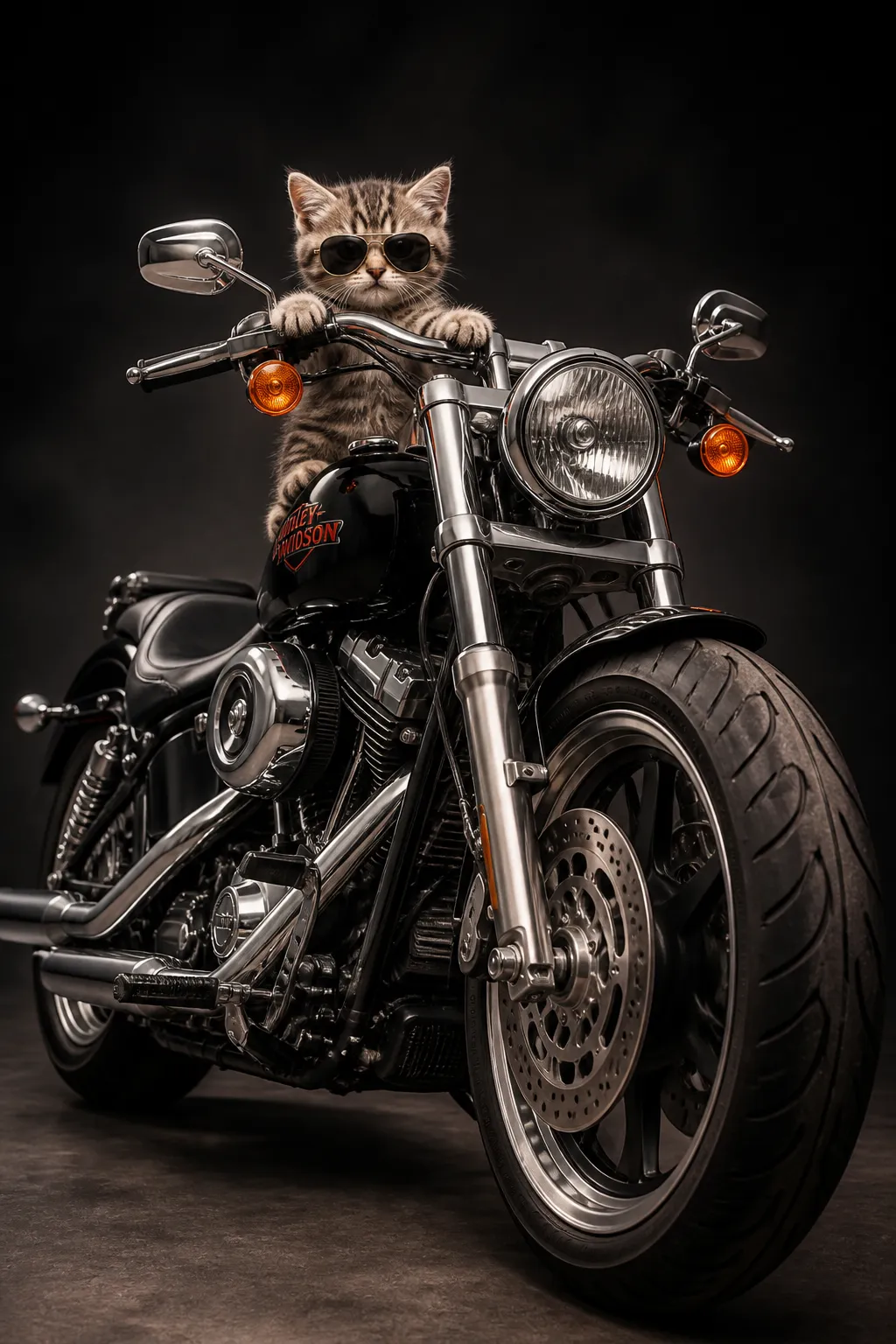 A tiny fluffy kitten in miniature sunglasses perched on a massive chrome Harley-Davidson motorcycle, dramatic studio lighting, playful contrast of adorable and badass, hyperrealistic, sharp detail.