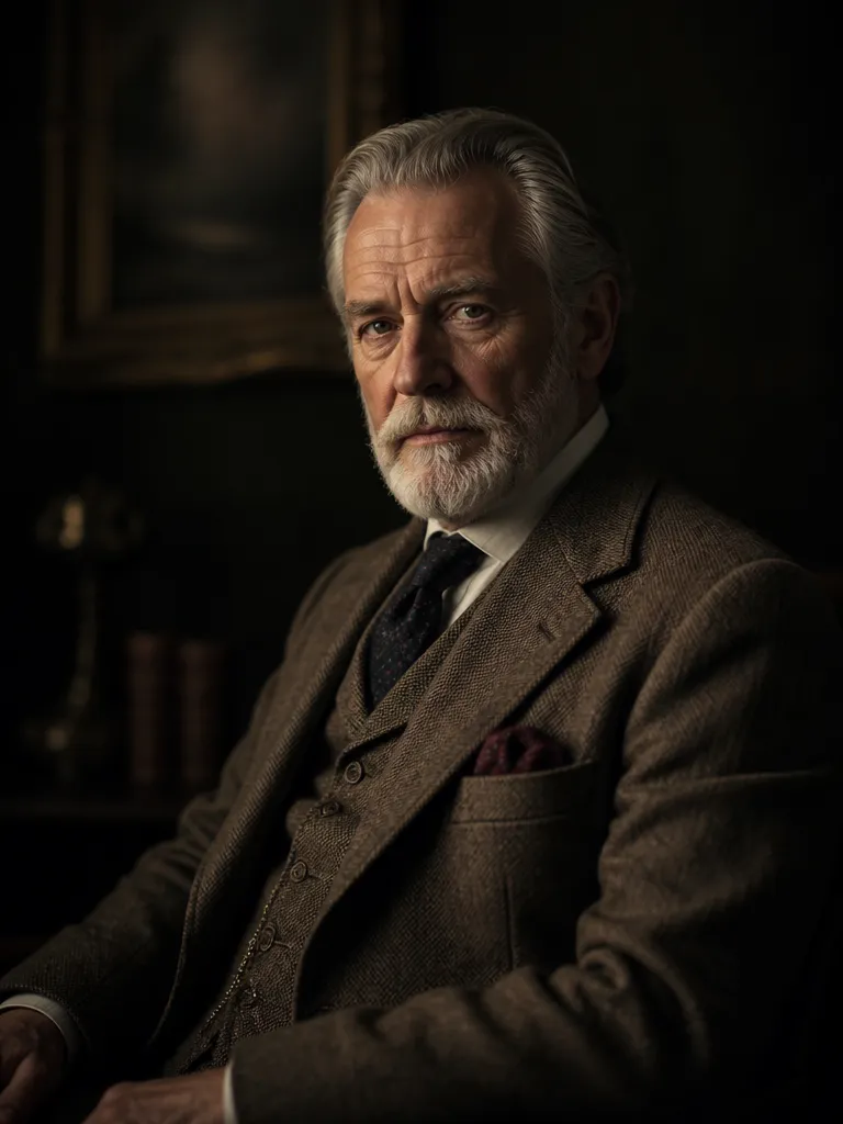 A cinematic studio portrait of a distinguished older gentleman in a tailored three-piece tweed suit, dramatic Rembrandt lighting on a deep charcoal background, dignified expression, 85mm f/1.4, photorealistic skin texture.