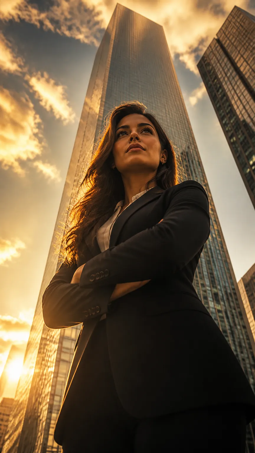 A dramatic low-angle shot looking up at a confident businesswoman in a sharp power suit, towering glass skyscrapers and blue sky behind her, heroic perspective, golden-hour rim light, cinematic, ultra-detailed.