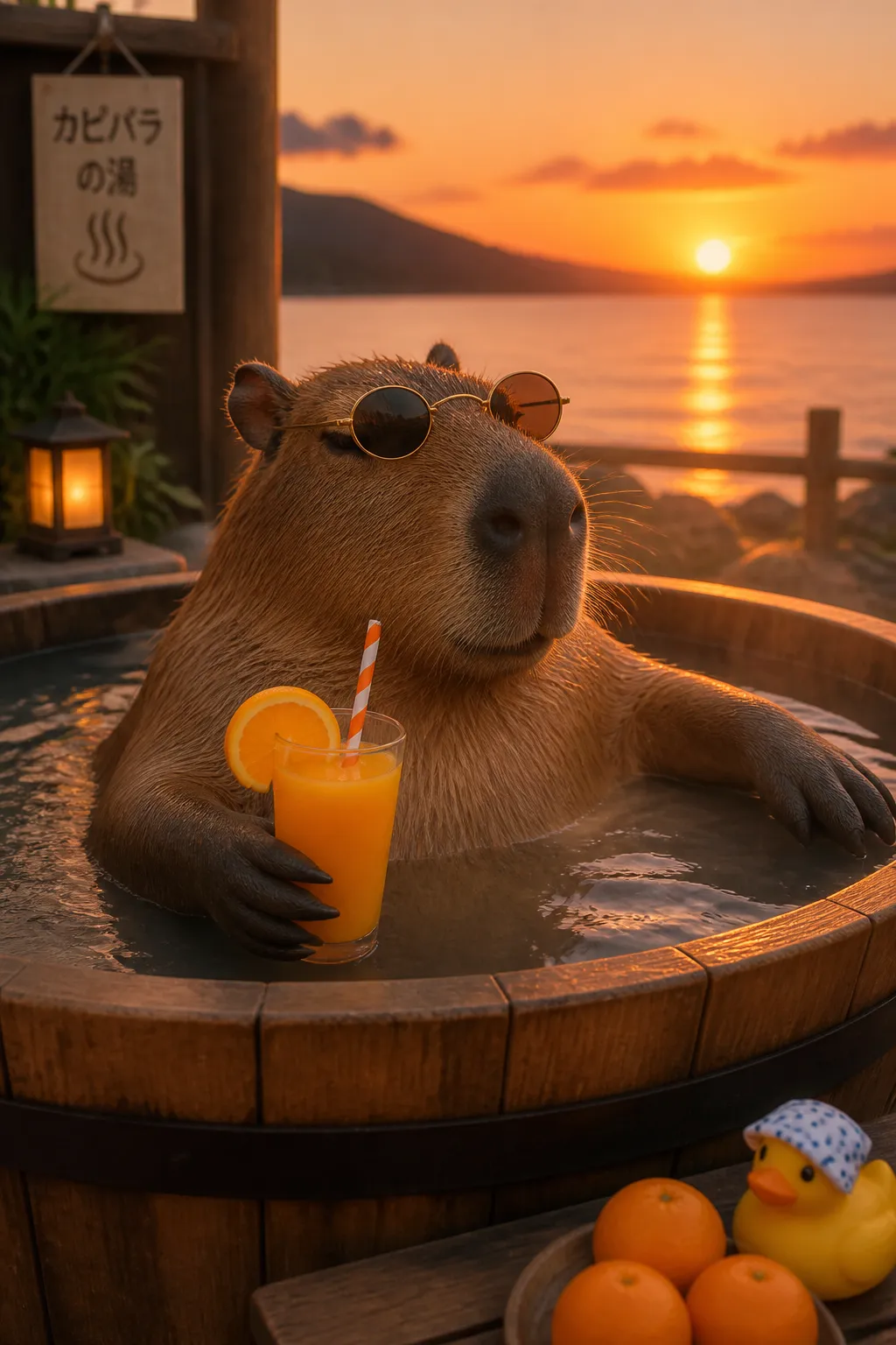 A capybara lounging in a steaming hot tub wearing tiny sunglasses and holding a glass of orange juice, warm sunset light, palm leaves, hyperrealistic, absurdly relaxed vibe.